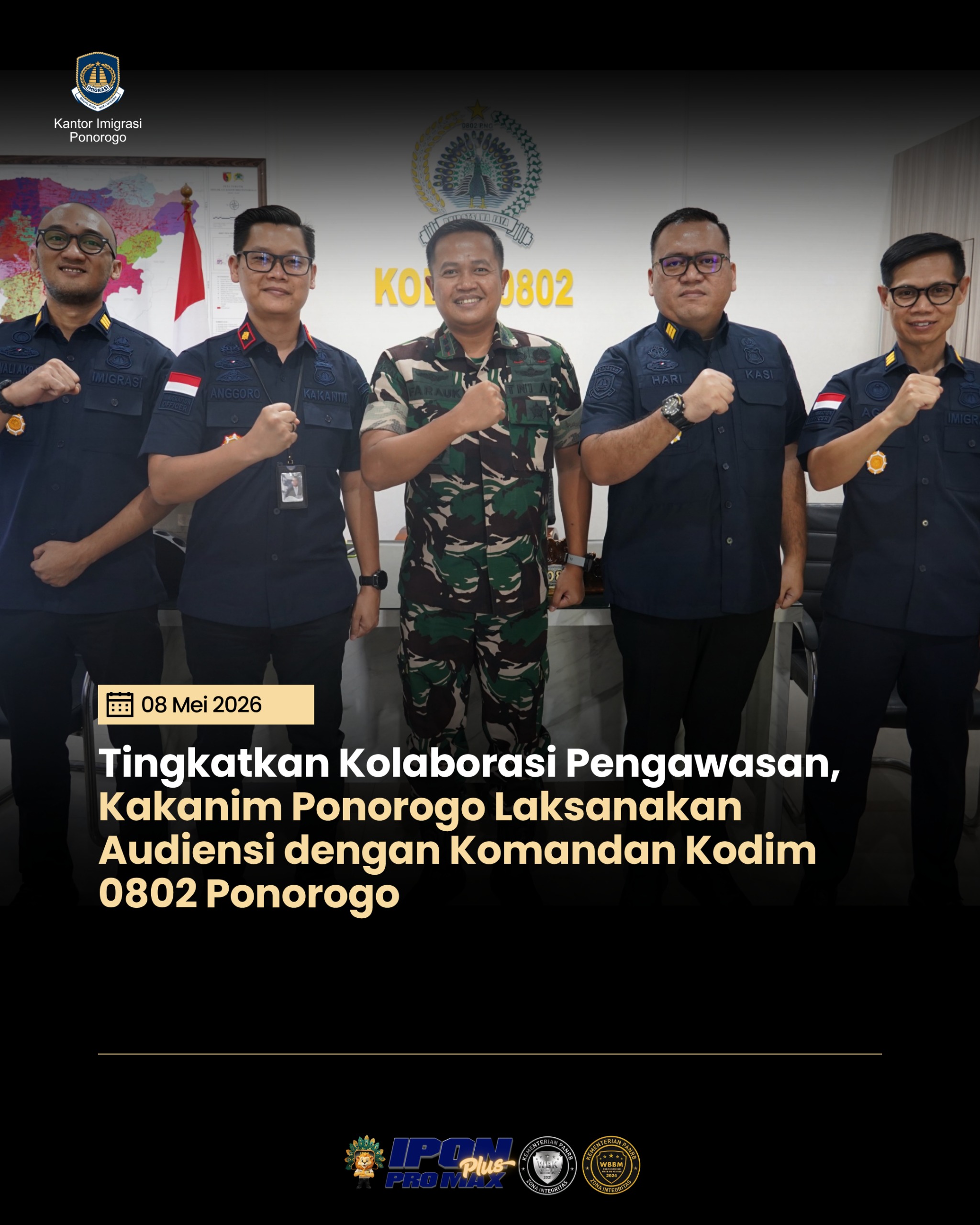 Tingkatkan Kolaborasi Pengawasan, Kakanim Ponorogo Laksanakan Audiensi dengan Komandan Kodim 0802 Ponorogo